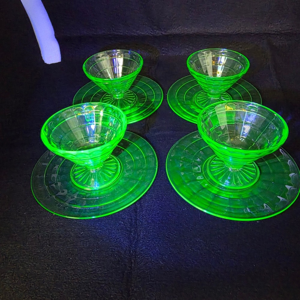 Vintage Green Uranium Glass Sherbet Dessert Cups and Saucers Set of 4 Glow Glass